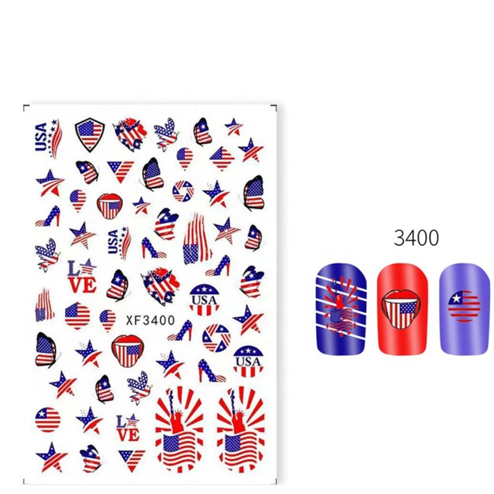 American Flag Star Heart LOVE USA 4th of July Butterfly Number 3D Nail Sticker